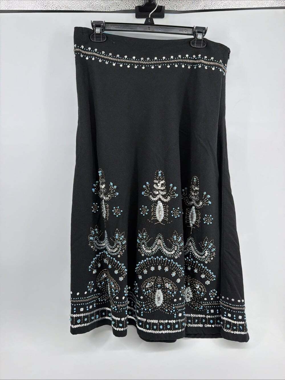 Anthropologie BASIL & MAUDE Skirt Women's 12Black Linen Hand-Beaded Flared Retro